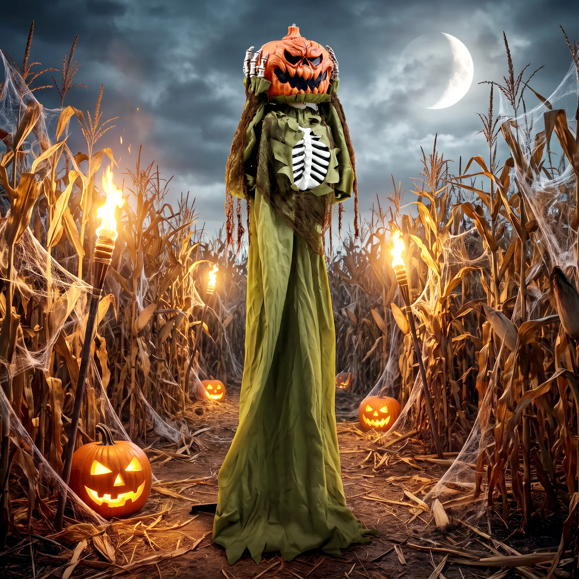 173 cm – animowana dekoracja na Halloween w kształcie dyni i szkieletu, trójwymiarowa, przerażająca czaszka z chłodnym, białym światłem LED, reagująca na dźwięk i dotyk, mówiąca rekwizyt, figurka w