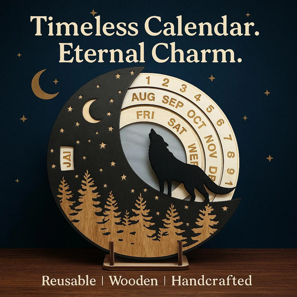 

Creative Wooden Perpetual Calendar Moon Wolf Design Rotation Hanging Home Decor Cross Border Gift For Office Living Room