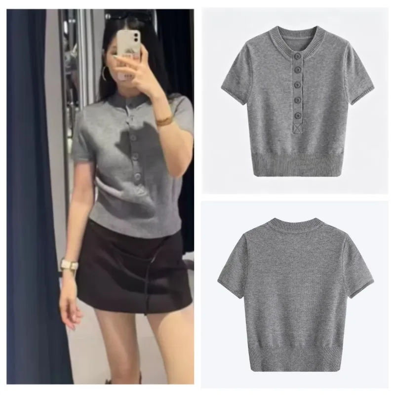 Guobioziy Women Knit Sweater  Early Autumn Simple Slim Short Sleeve Round Neck Button Up Minimalist Knit Top