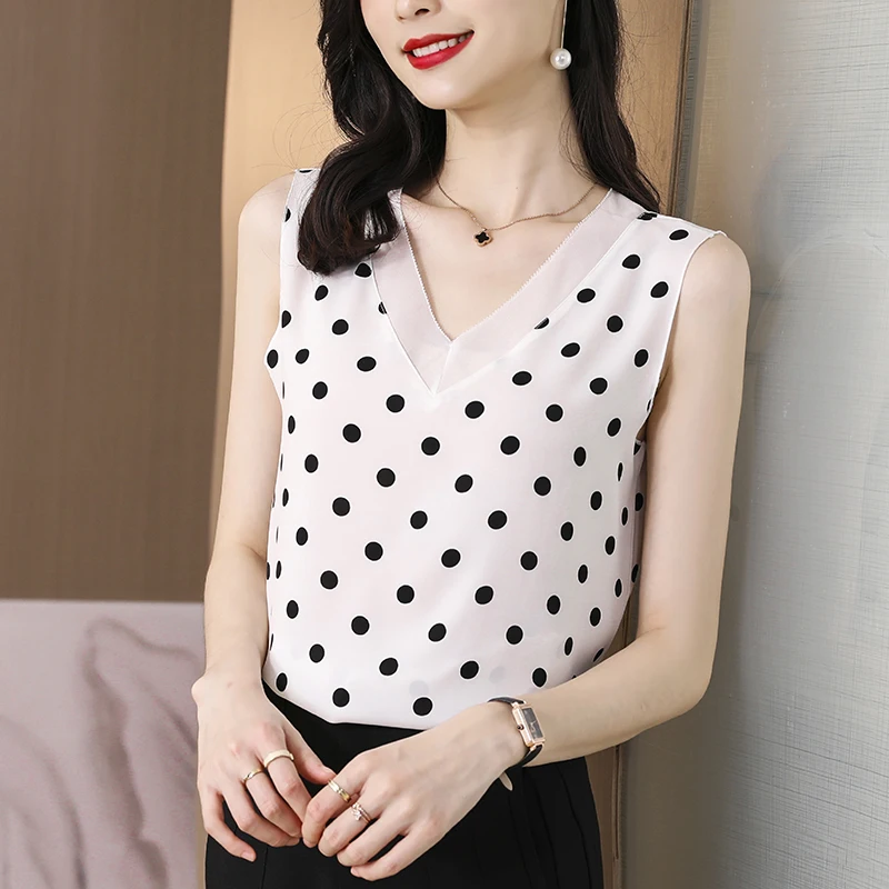 Women\'s Summer Korean Fashion Dot Print Sleeveless Blouse Office Lady Elegant V Neck Mesh Patchwork Shirt Casual Slim Tank Tops