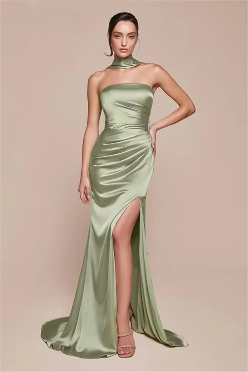 Customized Simple Elastic Satin Prom Dress Sexy Strapless Tight Corset Party Dress A-line Side Slit Floor Length Evening Dress