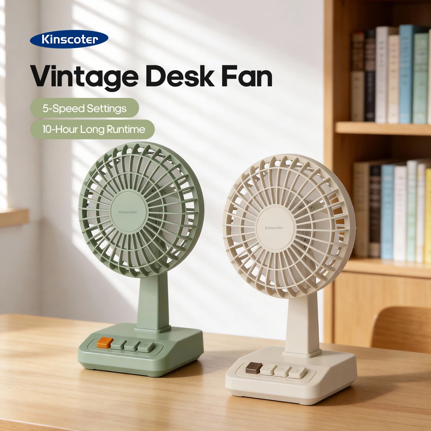 

Винтажный настольный вентилятор KINSCOTER 2000 мАч 90 ° Регулируемый по наклону мини-вентилятор с 5 скоростями, перезаряжаемый, для дома/офиса/учебы/в подарок