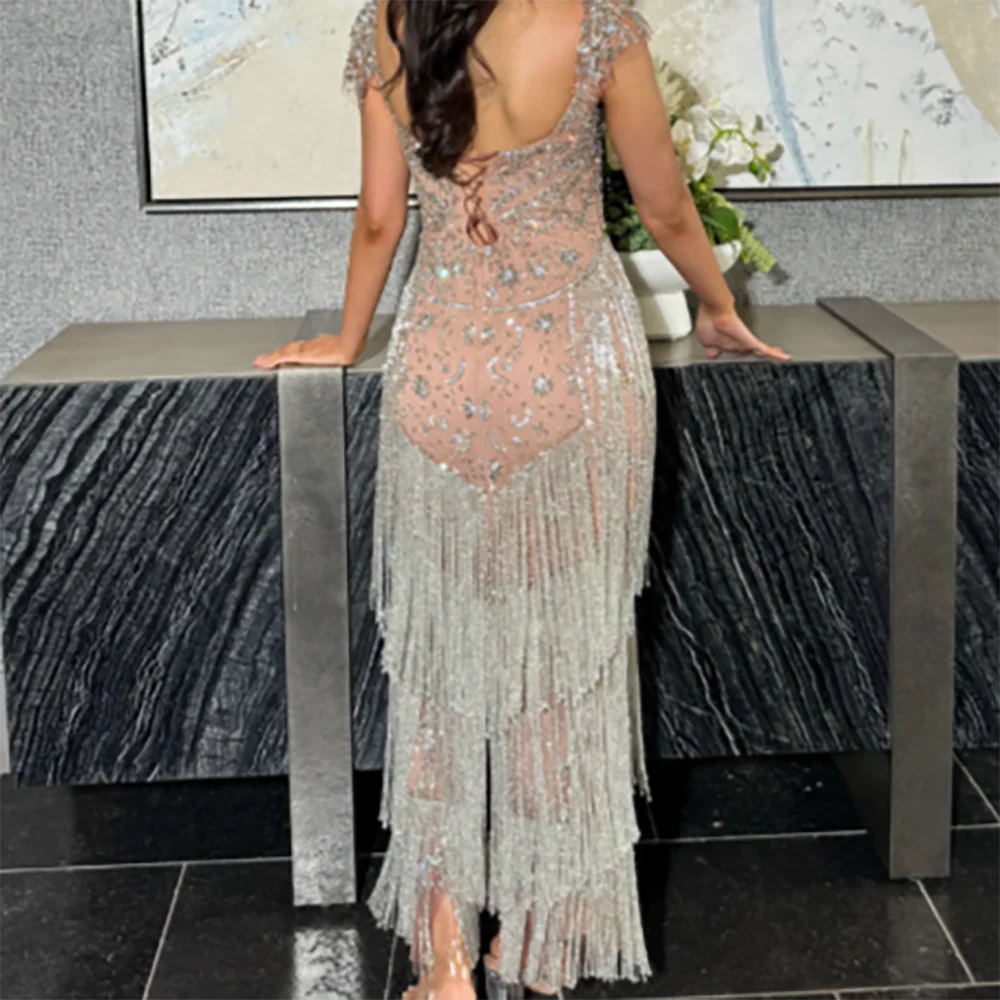 Vestidos de Noche formales rectos con borlas y lentejuelas, cuello redondo de lujo, vestidos de fiesta de cumpleaños y graduación personalizados