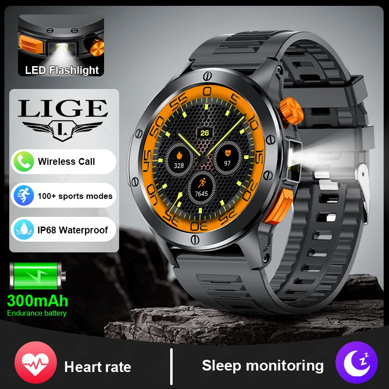 LIGE Nuovo 1.39 "Bluetooth Chiamata Astuto Della Vigilanza Degli Uomini di Sport All'aria Aperta Fitness Frequenza Cardiaca Torcia Elettrica A LED Smartwatch Per Il Telefono Android IOS