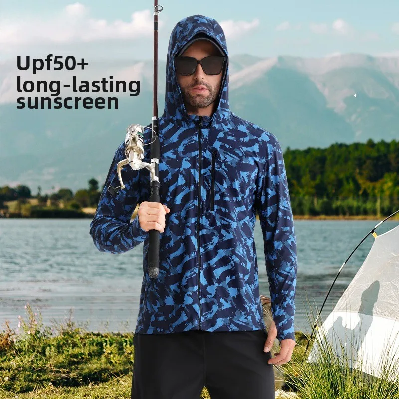 

Солнцезащитная одежда для рыбалки на открытом воздухе, солнцезащитная одежда с капюшоном на ощупь льда, устойчивая к ультрафиолетовому излучению, быстросохнущая камуфляжная куртка на молнии для рыбалки
