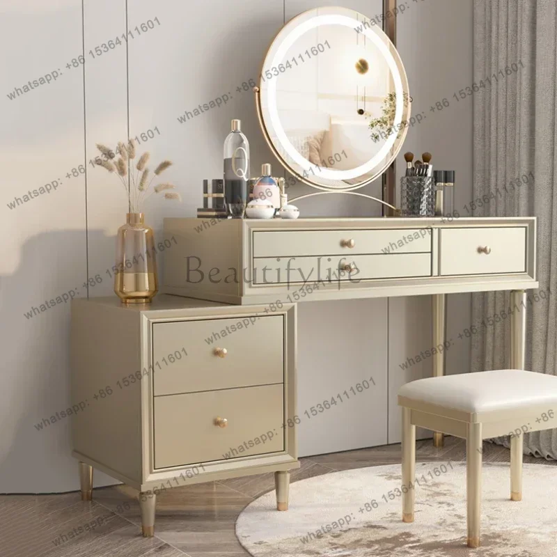 LJY Aesthetic Minimal Dresser Storage Led Light Drawer Mirror Dressing Table Bedroom Kawaii Modern Comoda Pra Quarto Salon Furni