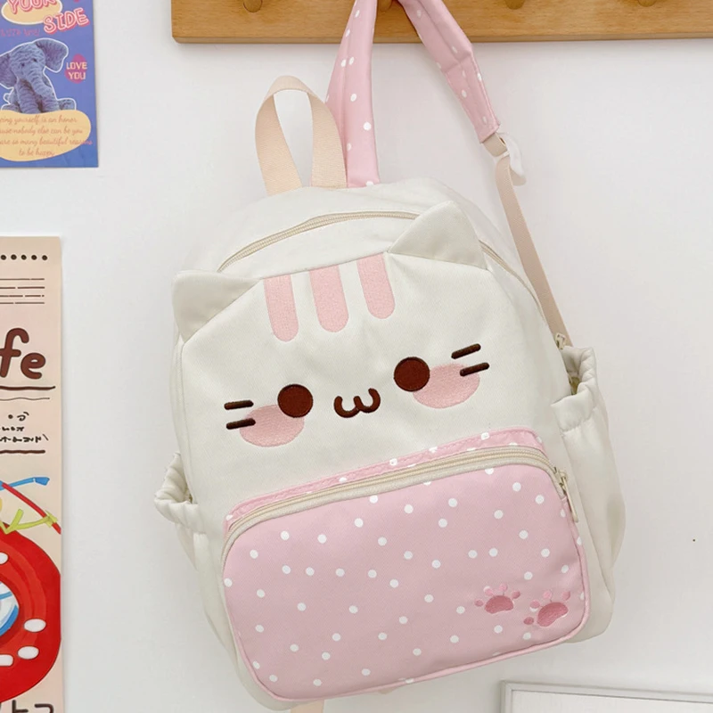 Girls Cute Cartoon Cat Backpack Polka Dot Decor Nylon Rucksack Lightweight Fashion Primary University Student Storage Schoolbag
