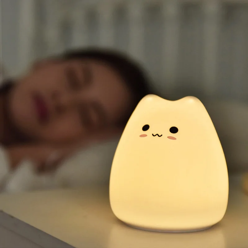LED Cat Night Light for Kids Soft Silicone Touch Sensor 7 Colors Changing Cartoon Sleeping Lamp for Bedroom Nursery Decoration