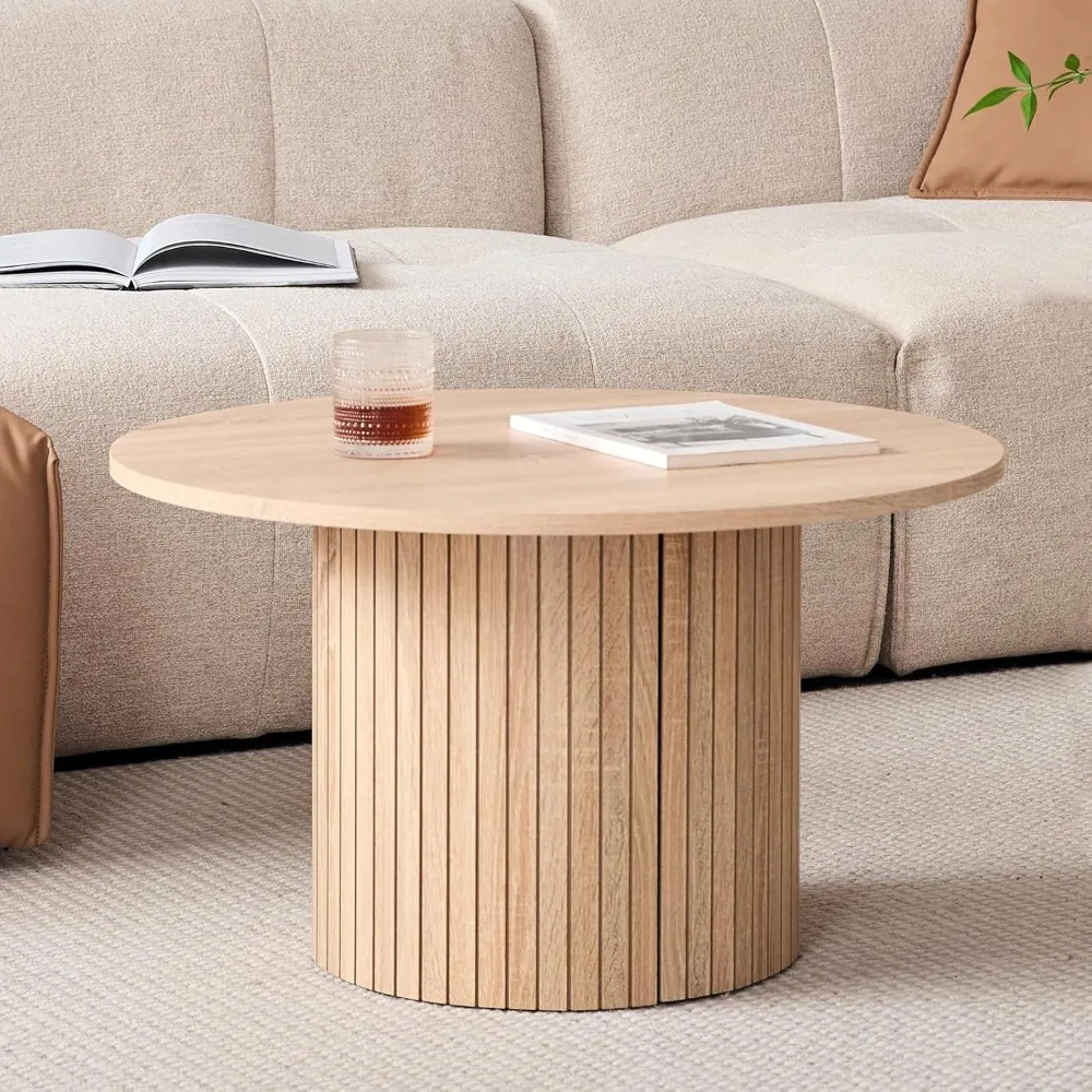 Round Nesting Coffee Tables Set of 2 -φ27.6 Large Short + φ15.8 Small Tall Boho Circle Side Tables with Fluted Drum Design, Natu