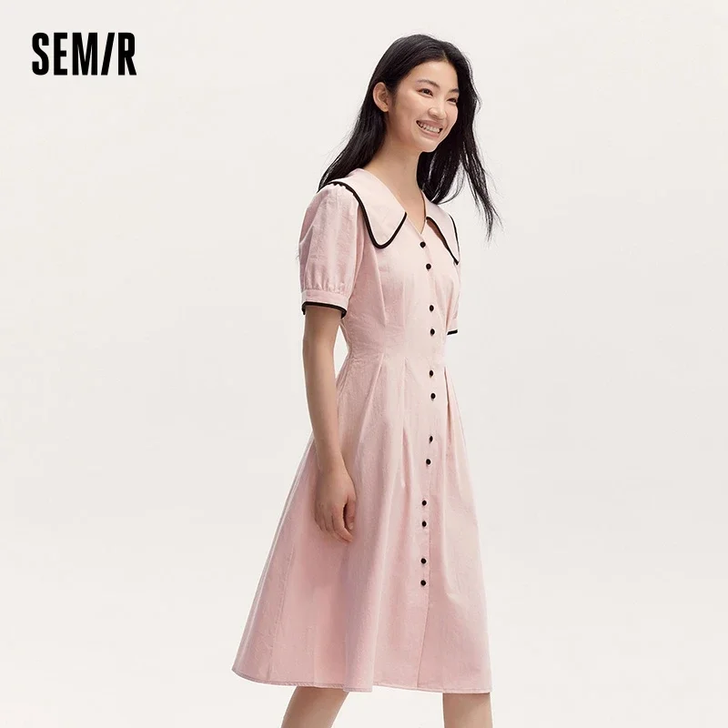 Semir Dress Women Pure Cotton Puff Sleeves Dress 2024 Summer New Color-Block Large Lapel Mid-Length Dress College Style