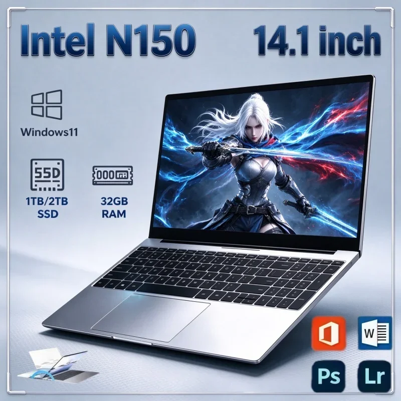 14.1" Portable Ultra Slim Laptop Windows 11 Intel N150 32GB RAM 2TB SSD Large Storage Notebook For Home Business And Learning
