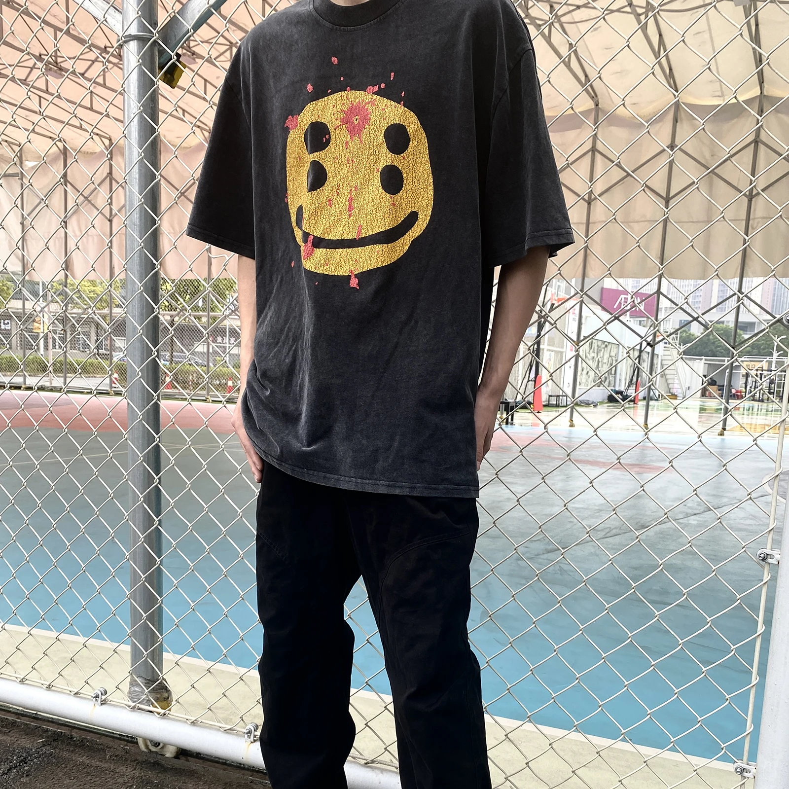 High Street Cracked Cartoon Face Washed Short Sleeve Tshirts for Men Round Neck Vintage Cotton T-shirt Oversized Summer Tees