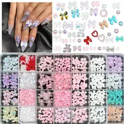 1Box Multiple Styles Colorful Resin Bows Nail Charms Pearl Heart Flatback Diamond Nail Art Decoration for DIY Manicure Crafts