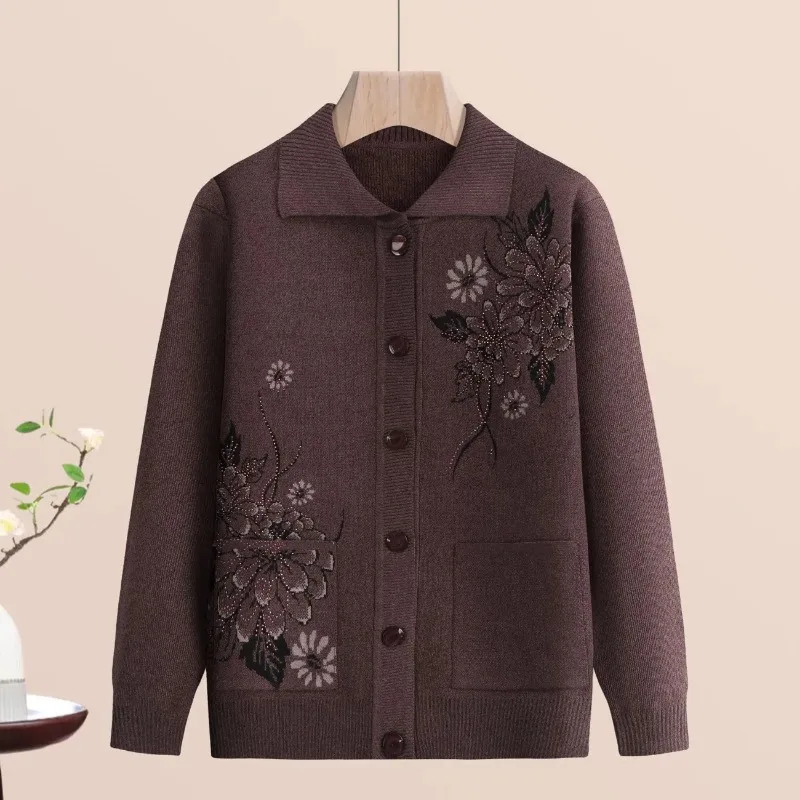 Elderly Women Fleece Lined Knit Cardigan Autumn Winter Floral Jacquard Sweater Coat For Grandma M4XL