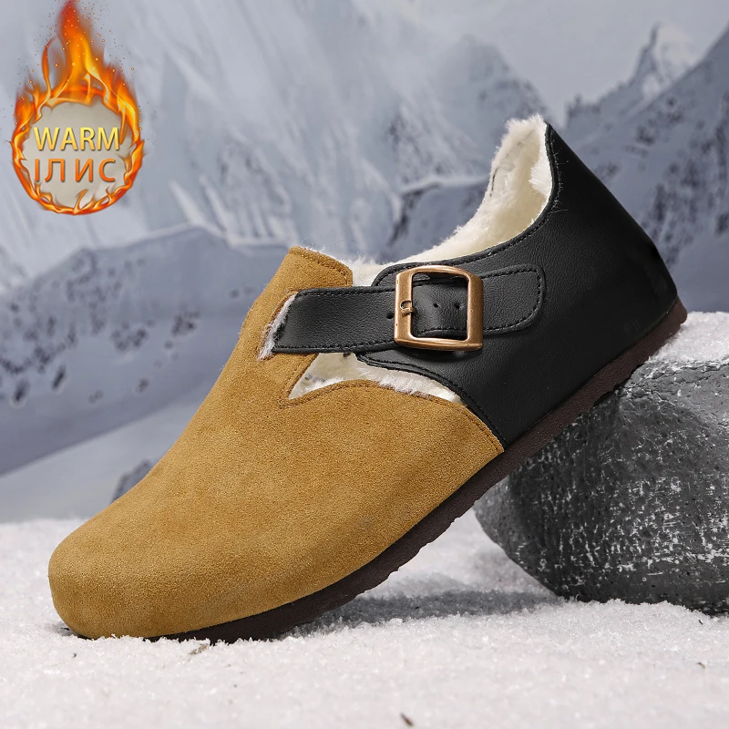 Autumn Winter No/with Fur Men's Shoes Women Mules Shoe Arch Support Couple Flats Suede Leather Sandals Retro Cork Clogs Loafers