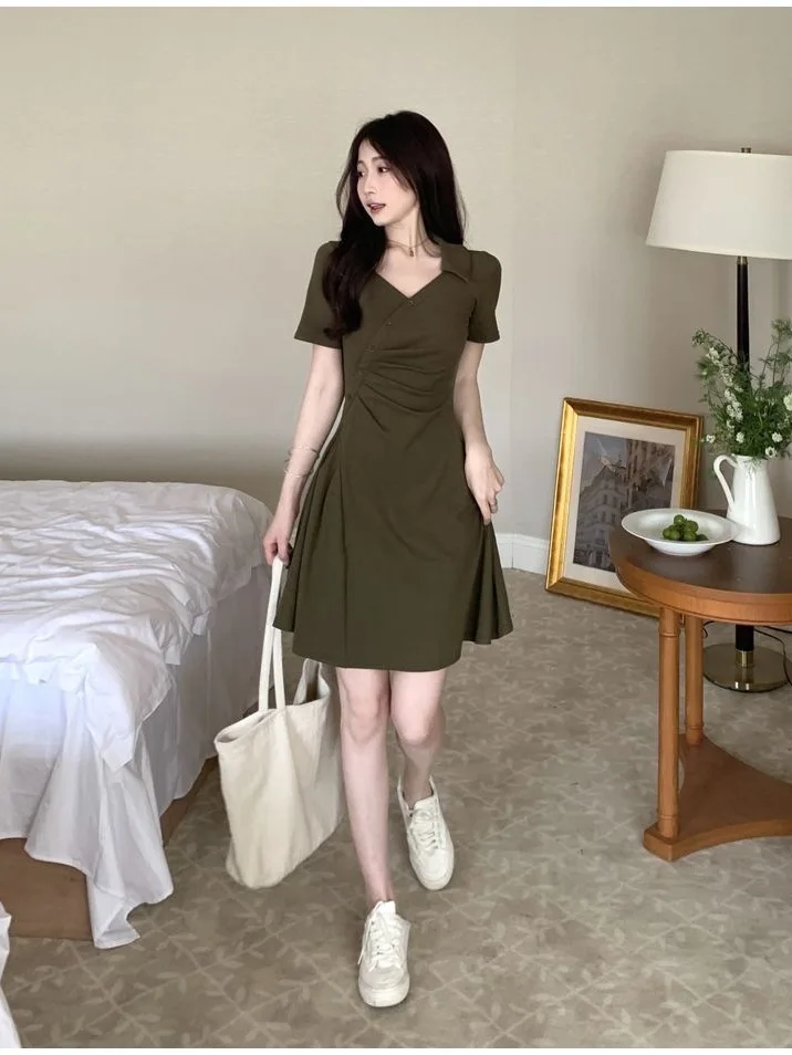 2024 Royal Sister Style Polo Dress Women's Summer Irregular Style dress Fat mm Covering meat Slim fit waist A-line dress UBW3