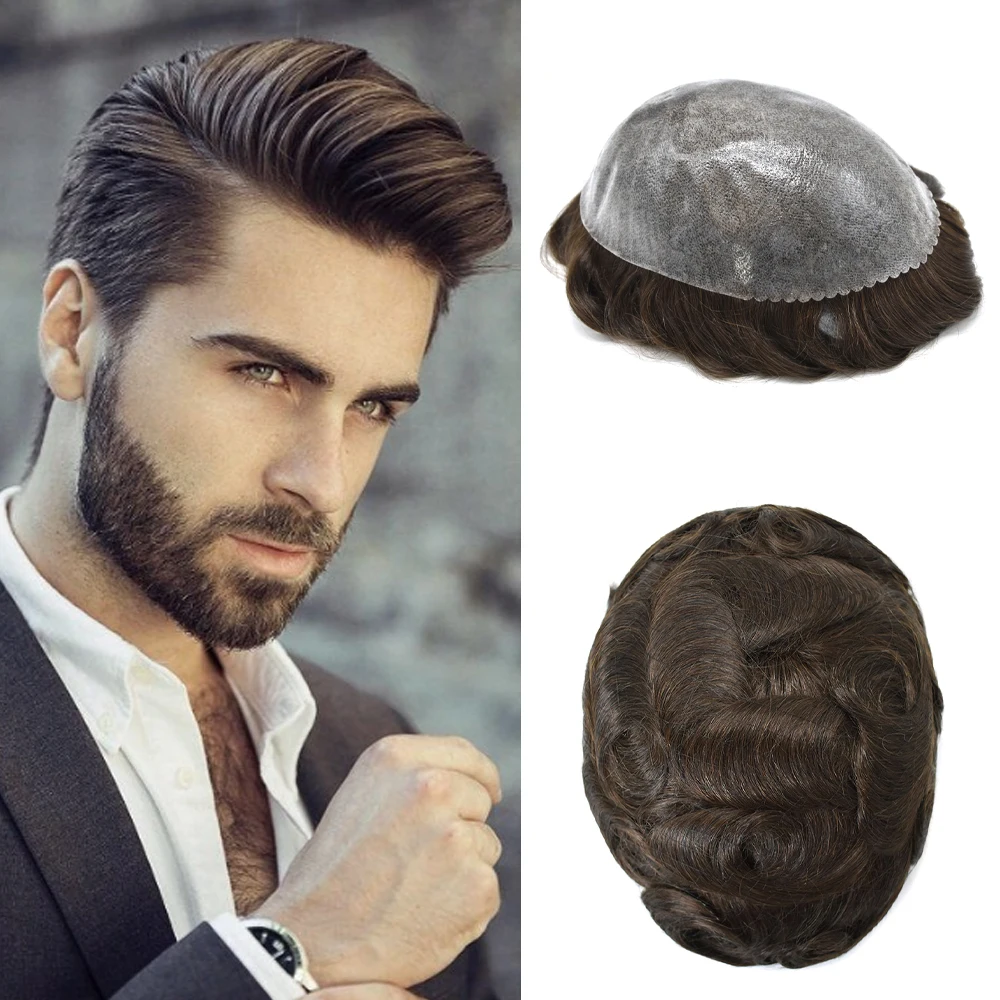 

Mens Toupee Full Poly Skin Injected Pu Black Hair Replacement System Hand Tied Natural Man Hairpieces Hair Wig