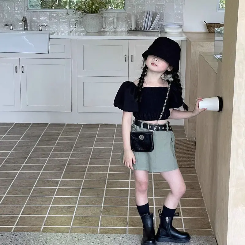 Girls' Set Puff Sleeve Short Top with Half Skirt and Safety Shorts2025Summer New Foreign Trade Children's Wear