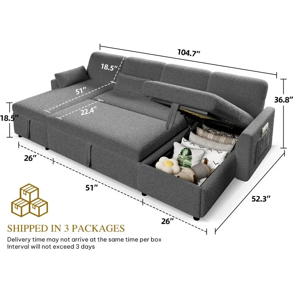 105 Inch Oversized Sofa Bed, 2-in-1 Convertible Sofa Bed with Pull-out Sofa Bed and Dual Storage Lounge Chair