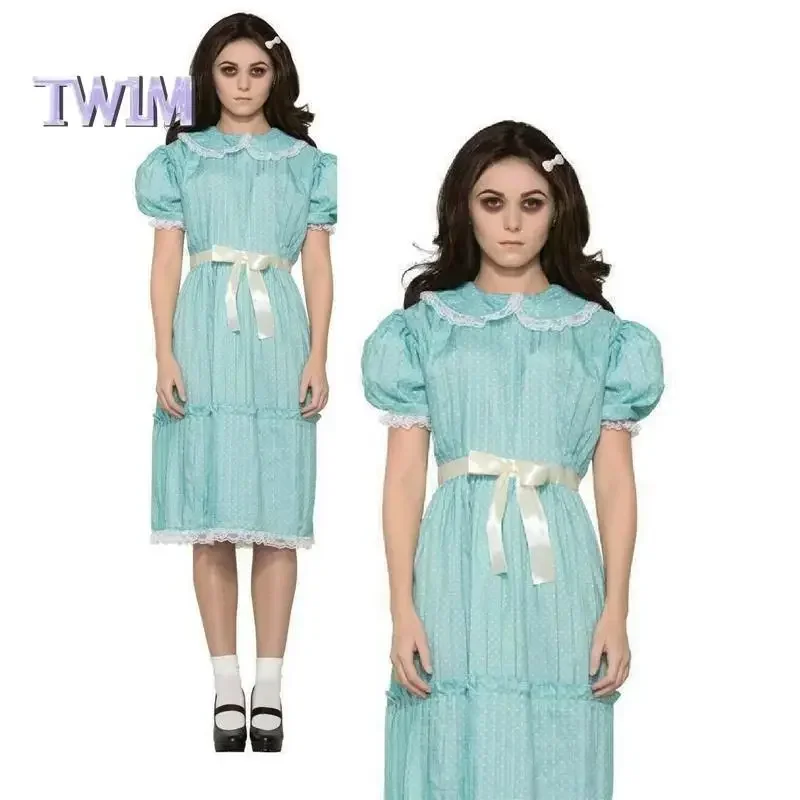 Movie The Shining Twins Lisa Louise Burns Sister Cosplay Costume Dress Blue Maid Halloween Carnival Birthday Party Dress Up