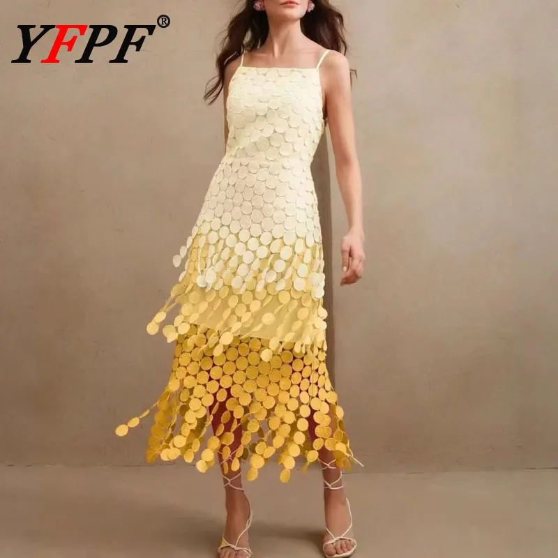 

YFPF Gradient Dot Lace Tassel Design Long Sling Dress Women Elegant Sleeveless Patchwork Party Dresses Fashion 2026 New Clothing