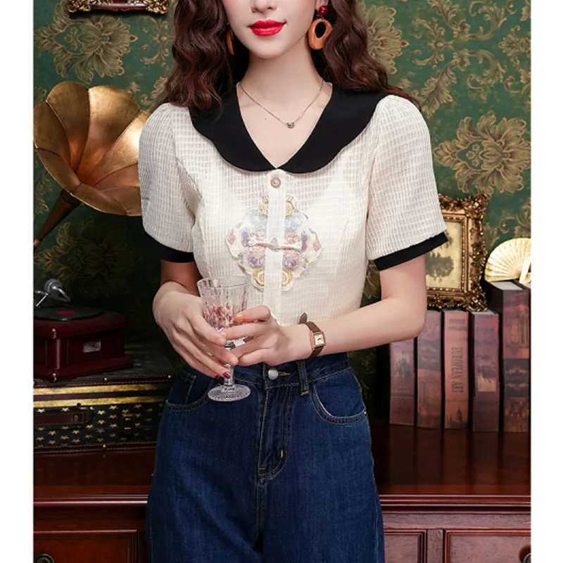 2024 New Women\'s Summer Chinese Style Contrasting Doll Collar Button Versatile Fashion Commuter Short Sleeve Embroidery Shirt