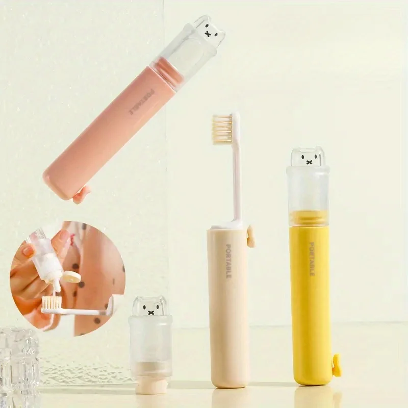 1 Set Portable Folding Toothbrush with Toothpaste Storage 2-in-1 Mini Soft Bristles for Teeth Travel Essentials for Hotel Trip