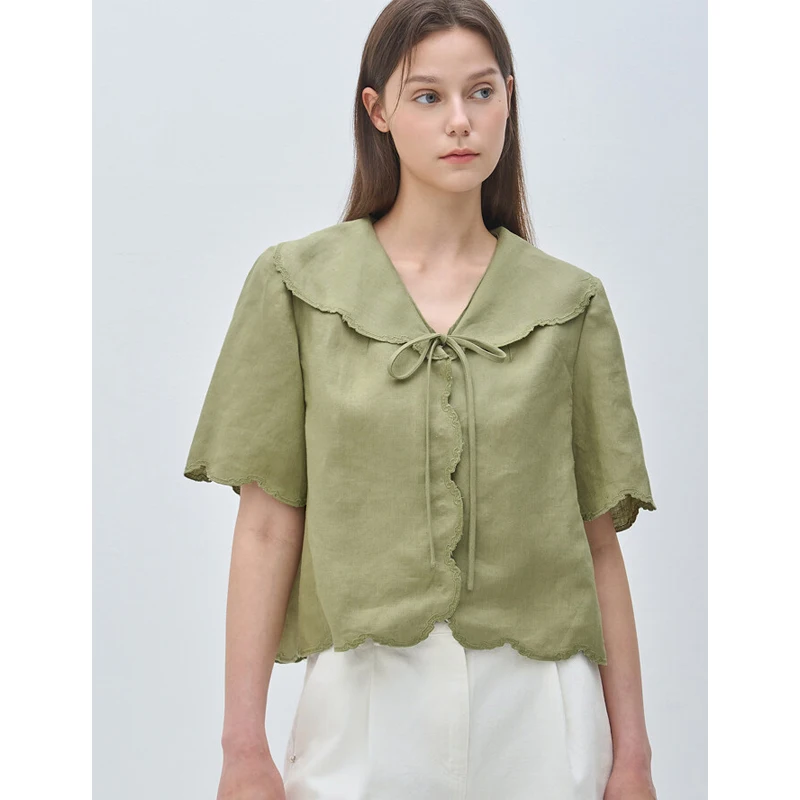 

MICOAT Summer 25 Petal Collar Embroidered Lace Trim Loose Linen Women's irt Two Colors French Sle ort Sve Casual Top