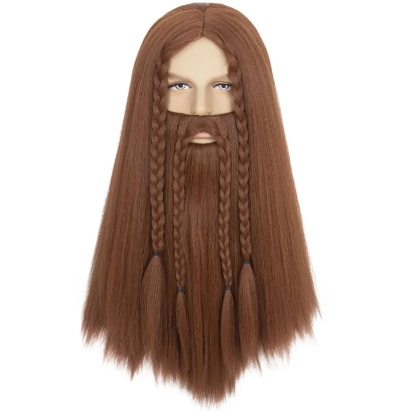 مجموعة شعر مستعار بني طويل مفرود من Miss H ولحية مزيفة للرجال، باروكات فايكنغ مع لحية لحية الهالوين