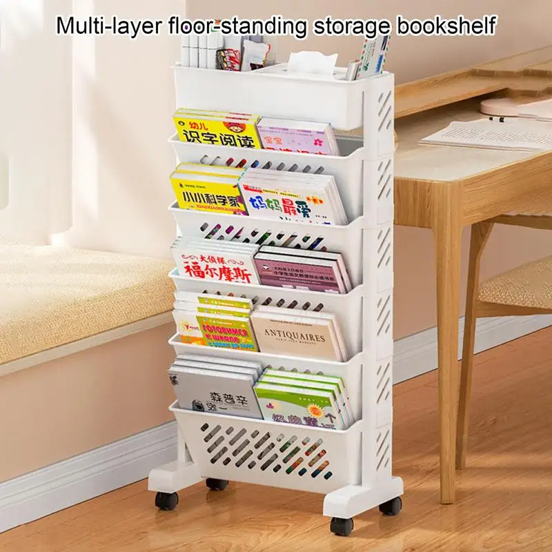 

5 Tier Holder Desk Side Bookshelf Removable Storage Shelf Mobile Bookcase With Wheels Floor Student Book Bag Hanging Rack