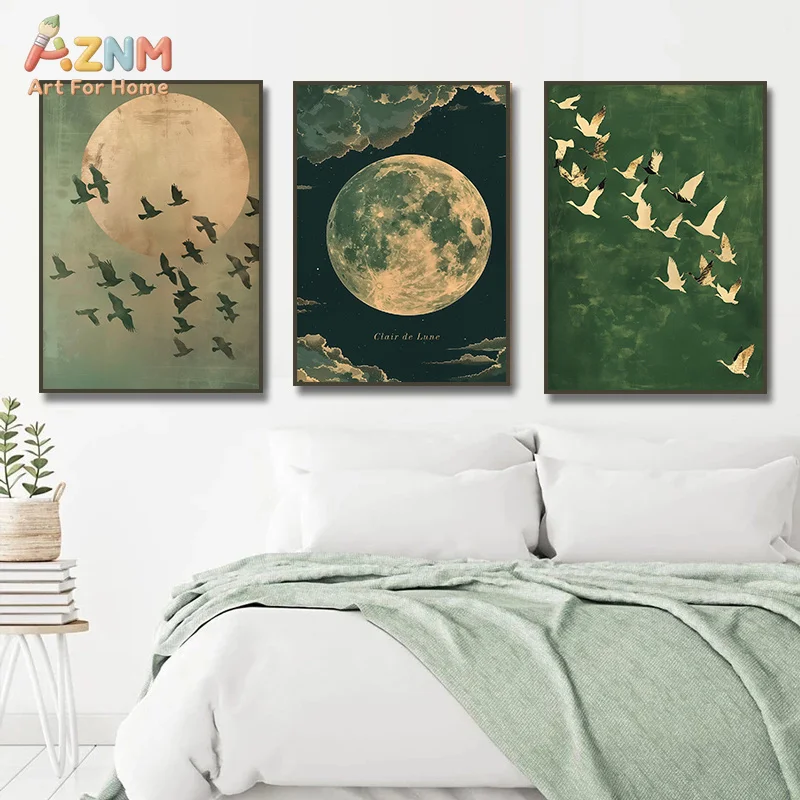 AZNM Retro Dark Green Moon Bird Canvas Wall Art Vintage Full Moon Cloud Flying Wild Bird Antique Texture Print Unframed Canvas B