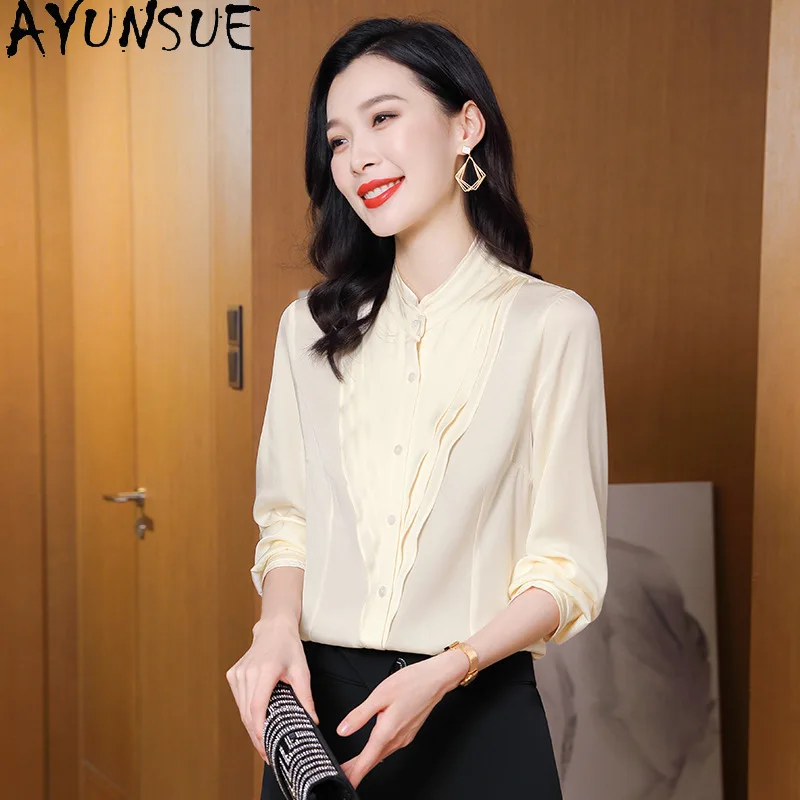 

AYUNSUE 91.8% Silk Women's Blouses and Shirts Gentle Long Sleeve Tops for Woman Elegant Commuting Blouse Woman Clothes Blusas