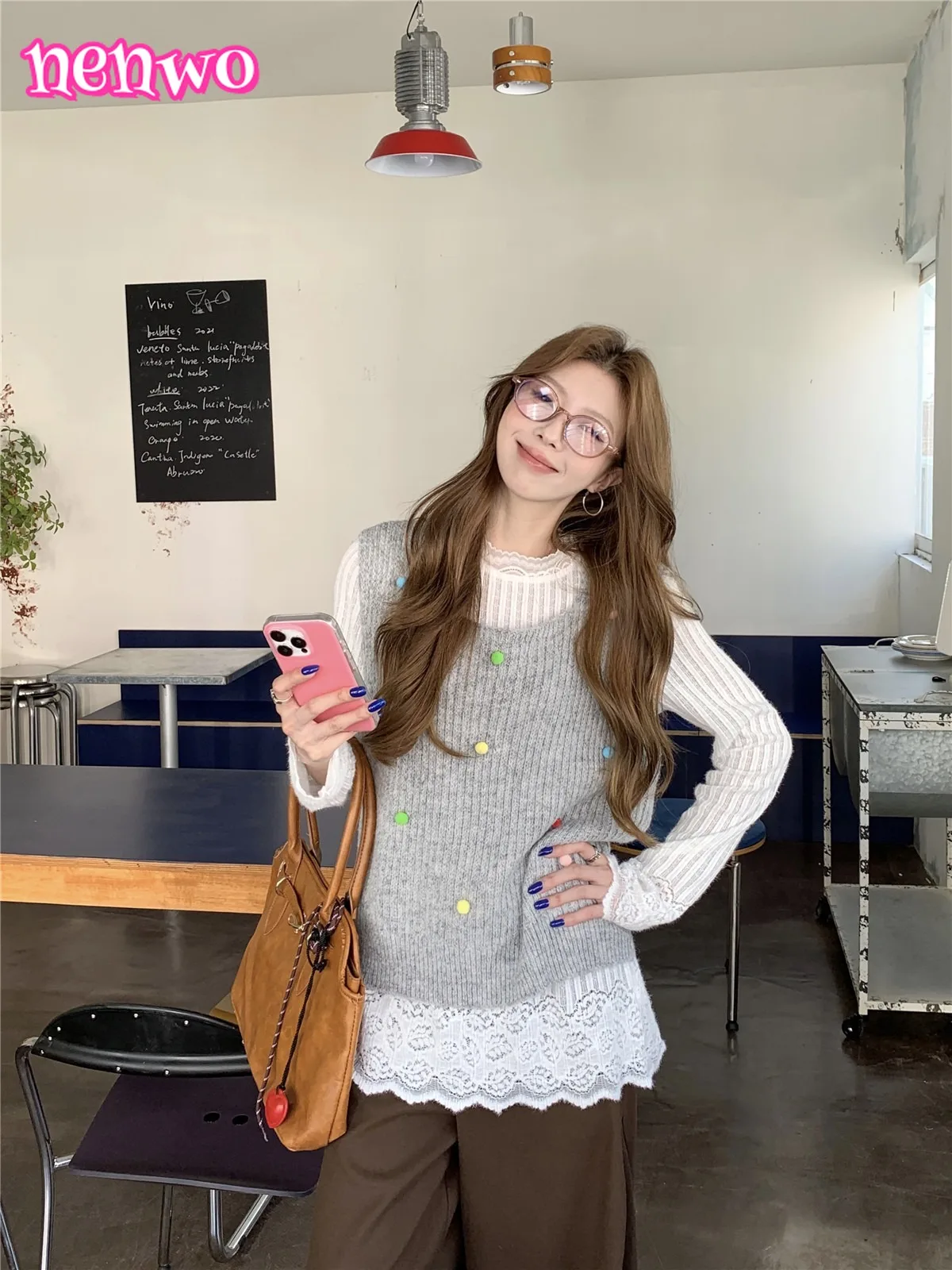 الحلو محبوك الكورية نمط الطبقات محبوك سترة الموضة الملونة الكرة + الدانتيل قاعدة قميص تي شيرت الخريف الشتاء وصول جديد