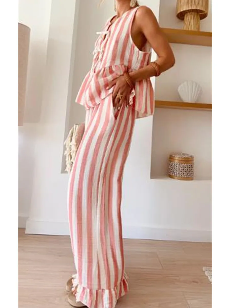 Striped Tie Waist Vest 2 Pieces Set Summer Casual Sleeveless Loose Tank Tops Elastic Waist Ruffles Hem Wide Leg Pants Outfits