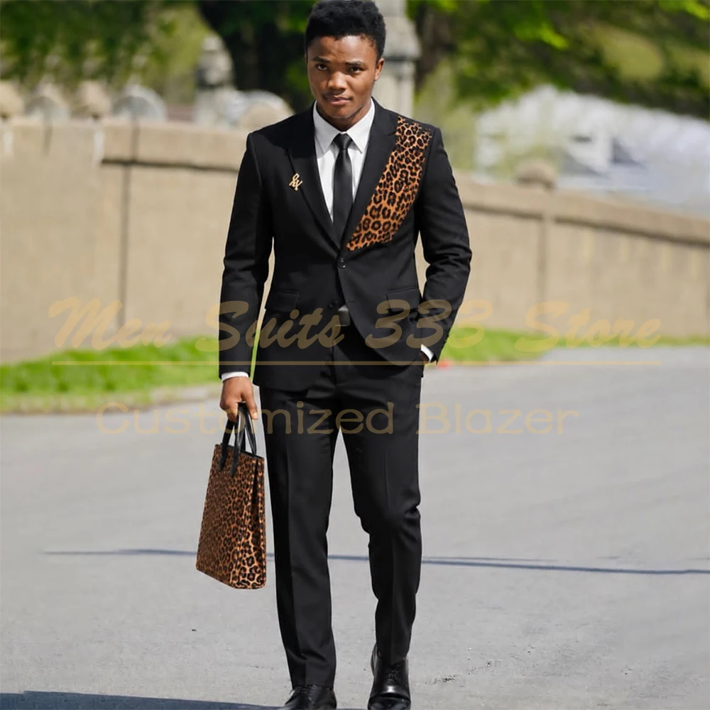 Men Black Suit With Leopard Print 2 Pieces Slim Fit Formal Tuxedo Custom Wedding Party Prom Blazer Pants Set Luxury Mens Outfit