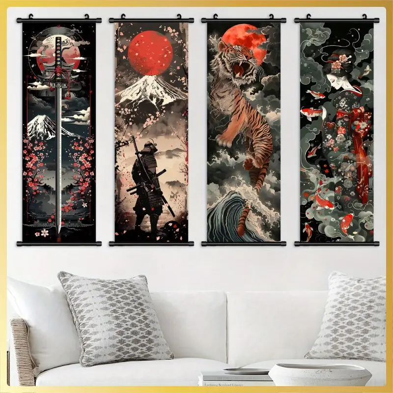 VIKAMA Noir Vermilion Ronin Tiger Geisha Wall Tapestry Scarlet Sun Fuji Zoro Koi Japanese Scroll Art Home Decor Cozy Soft Gift