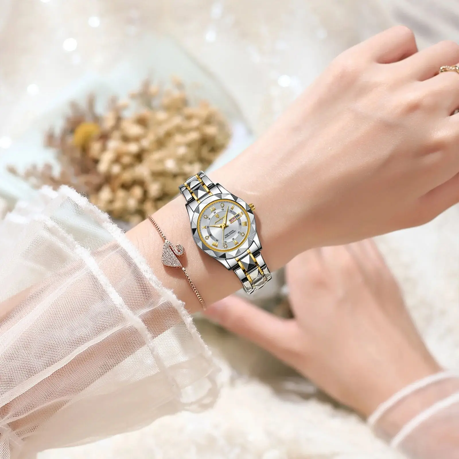 POEDAGAR Luxury Quartz Watch for Ladies Waterproof Luminous Date Week Stainless Steel Women Watches Elegant Dress WristWatch+box