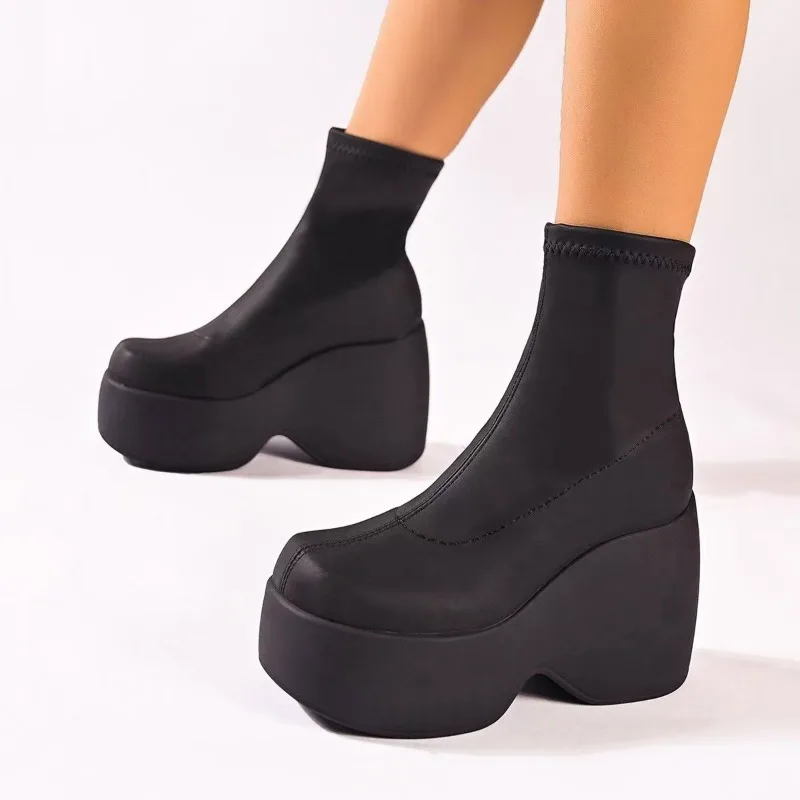 New Women 2025 Spring Autumn Thick Sole Slope Heel Round Head Casual Leather Shoes Elastic High Boot Fashion Black Short Boots