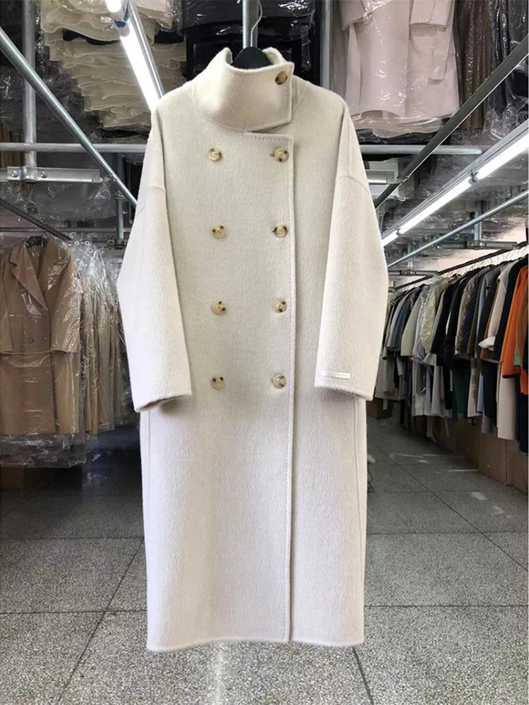 Solid Color High Quality Wool Coat Women Double-side Long Warm Woolen Caot Slit Double-breasted Alpaca Thick Jaket Autumn Winter