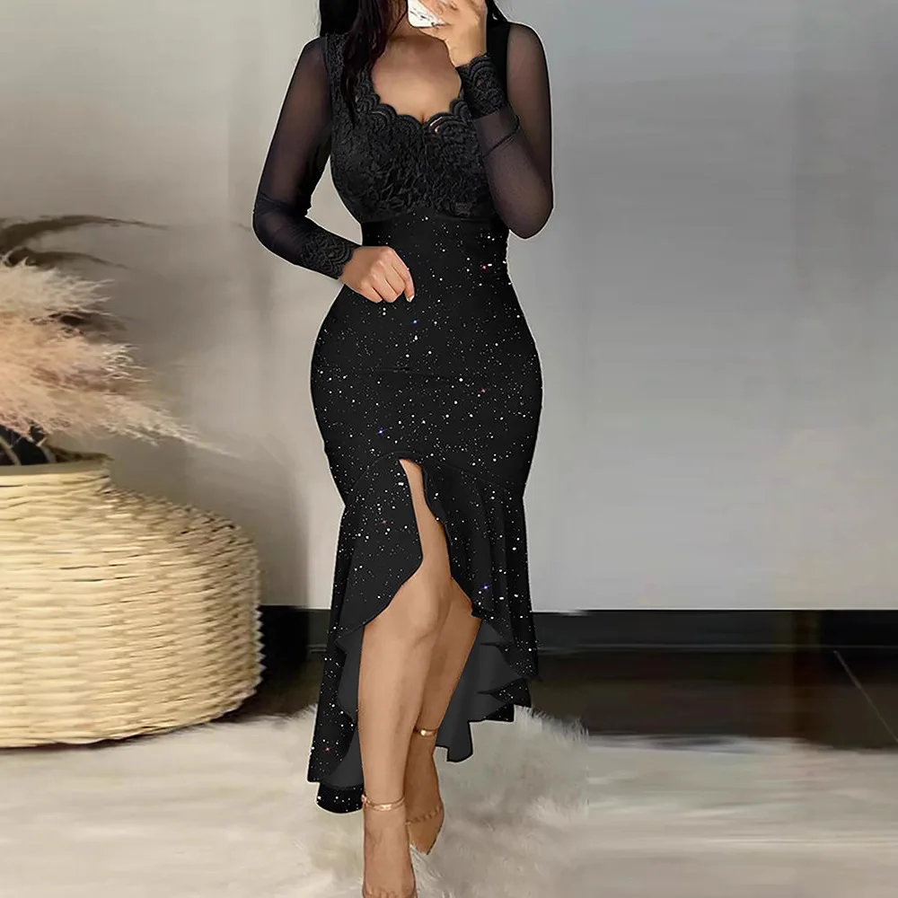 Abito da donna primavera estate lungo scollo a V in pizzo con volant impiombato abito da sera nero a vita alta