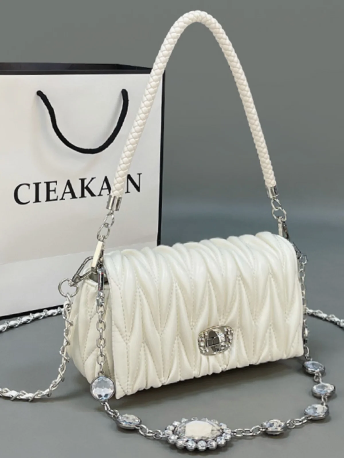 

Faionable Folded Small Bag Underarm Crossbody Women's Bag with Water Diamond Chain Korean Sle Soft PU Leather Handbag