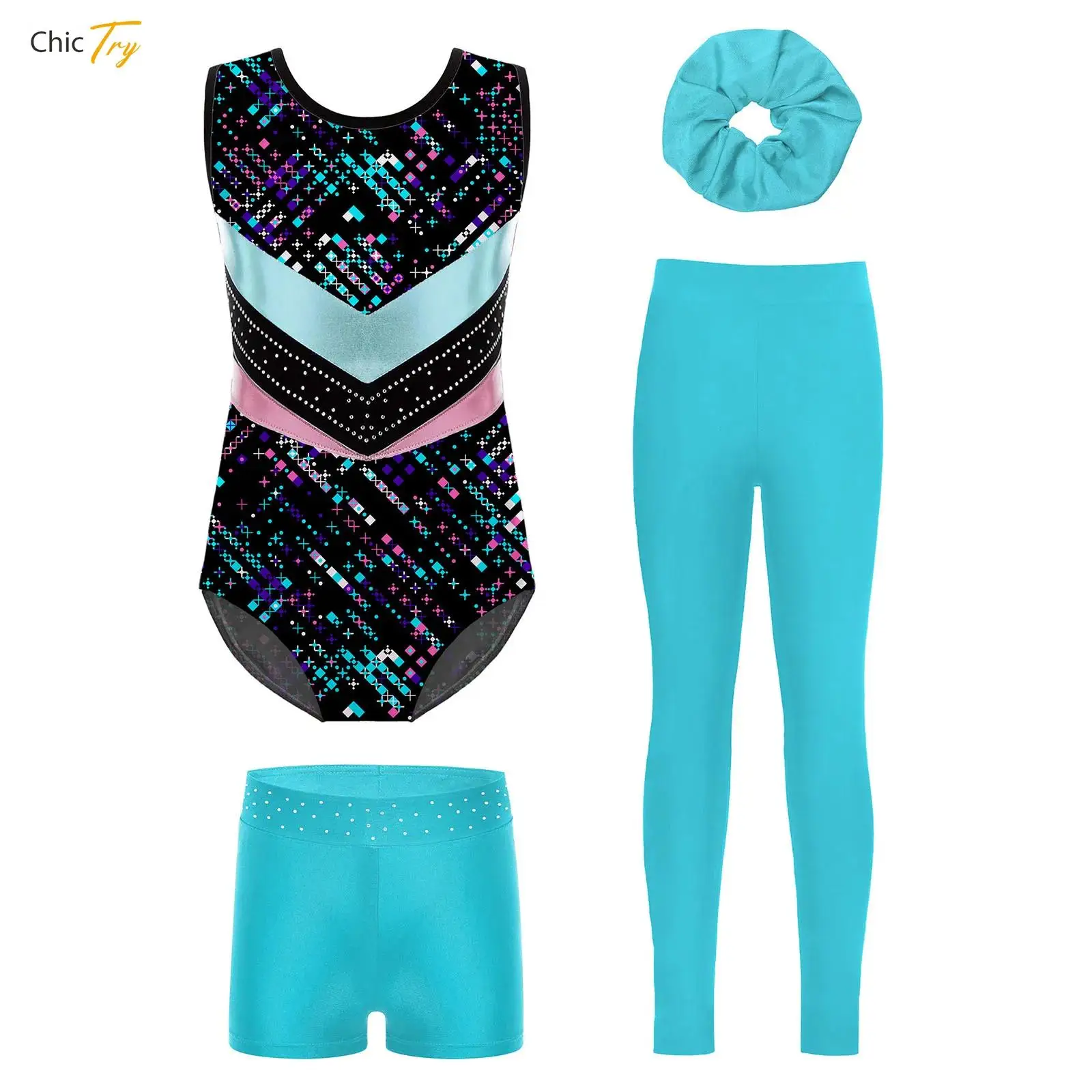 

Kids Girls 4 Pieces Gymnastic Outfit Sleeveless Dance Leotard with Shorts Long Pants with Hair Accessories Set