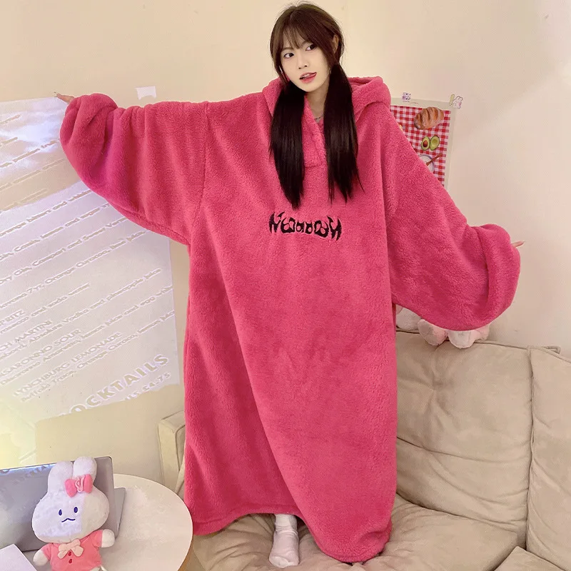 winter girl pajamas thicken flannel long style nightdress leisure keep warm comfortable homewear Extra long version hooded robe
