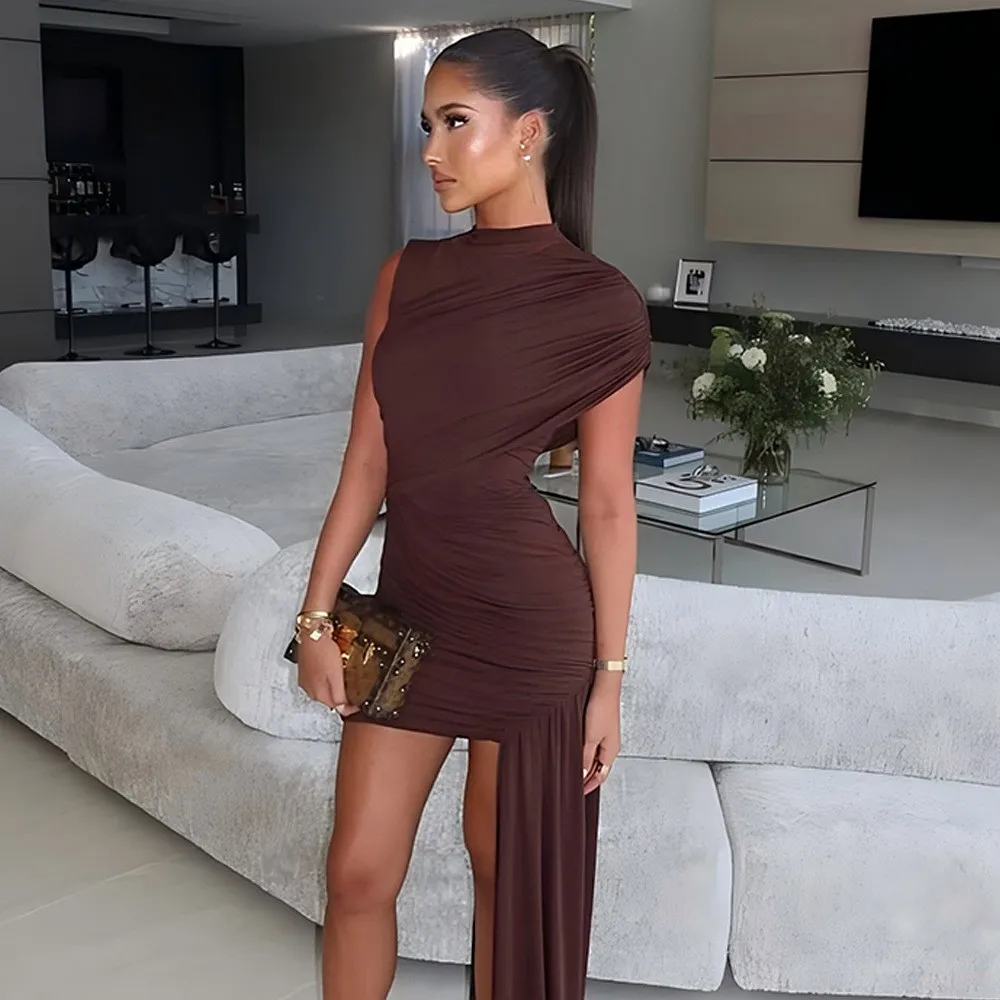 

Summer Woman Dress Round Neck Sleeveless Solid Color One Shoulder Wrap Style Side Slit Ruched Asymmetrical Women's Summer 2026