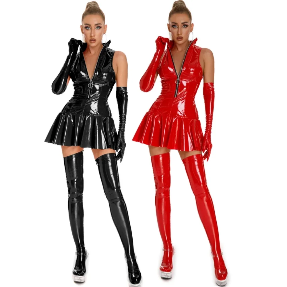 Women Sexy Glossy Leather Umbrella Dress Sleeveless Zipper Shiny PVC Latex Pleated Mini Dresses Gothic Black Red Clubwear