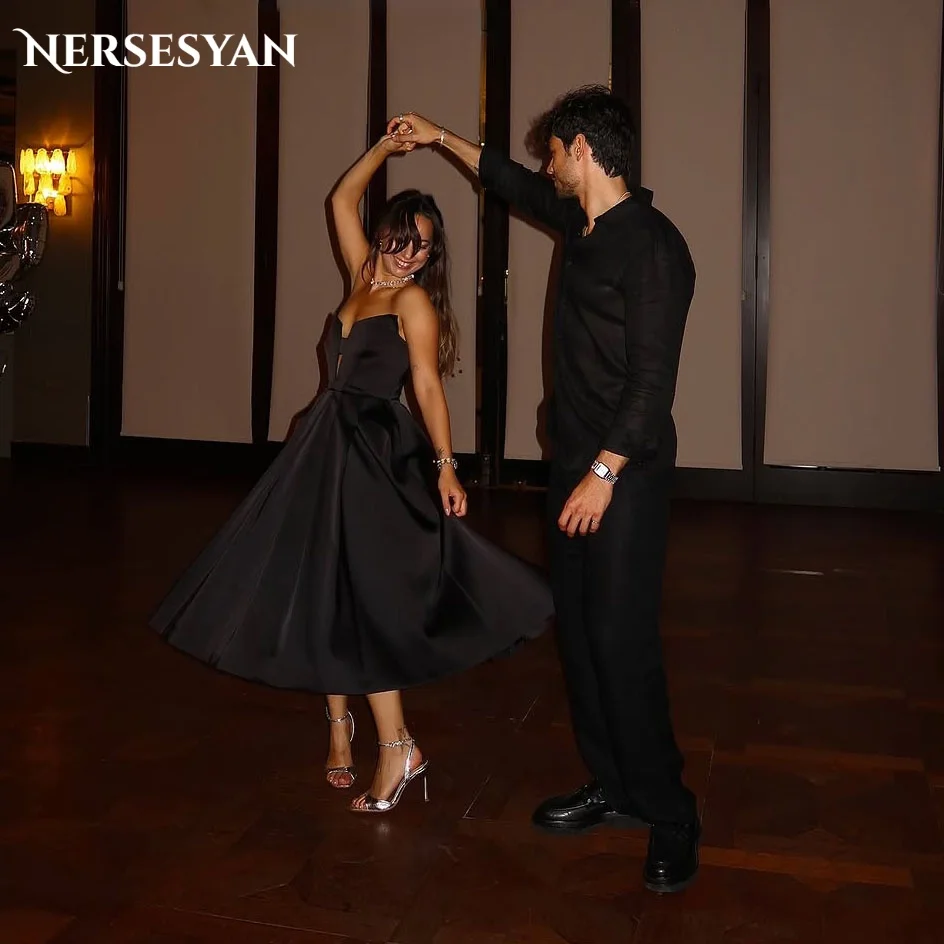 

Nersesyan Black Elegant Prom Dresses Off Shoulder Satin Cut Out Formal Evening Dress A Line Tea Length Party Gowns Customized
