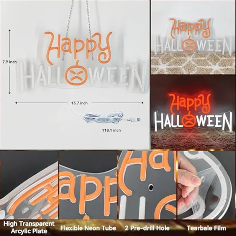 Halloween Pumpkin Neon Sign for Wall Decor Dimmable LED Light Up Sign Bedroom Home Bar Halloween Party Decor Backdrop