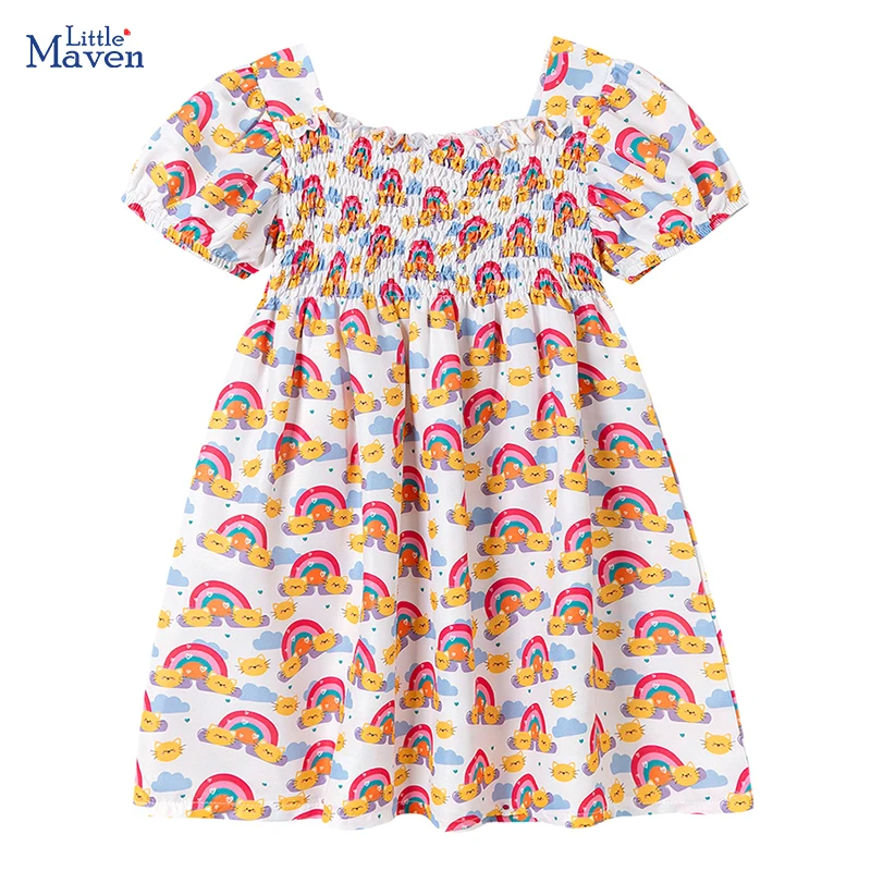 Little maven Girls Smocking Dress  Cartoon Rainbow Baby Girls Princess Dresses Summer 2026 Cheap Girls Dresses Free Shipping