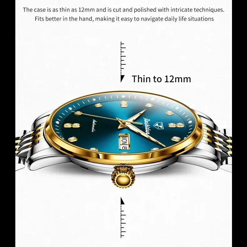 JSDUN 8960 Men\'s Watch Luxury Diamond Automatic Mechanical Watch Waterproof Stainless Steel Watch Fashionable Business Men Watch