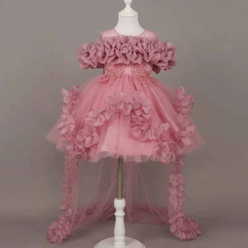 Communion Dress Lace White Flower Girl Dress Wedding Length With Bow  Girl‘s Tulle Flower Dress Ruffles & Trailing Tulle